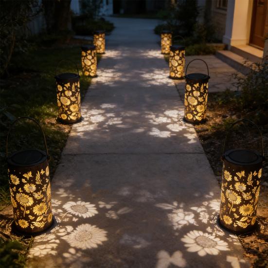 Solar Sunflower Garden Lantern Hollow-Out Waterproof Outdoor LED Hanging Light for Yard Patio Fence Energy-Saving Landscape Lighting