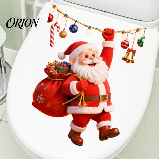 Decorative Glass Stickers for Christmas Cartoon Santa Claus Toilet Seat Sticker, Waterproof PVC & Colorful Wall Lights Decal, Removable Lid