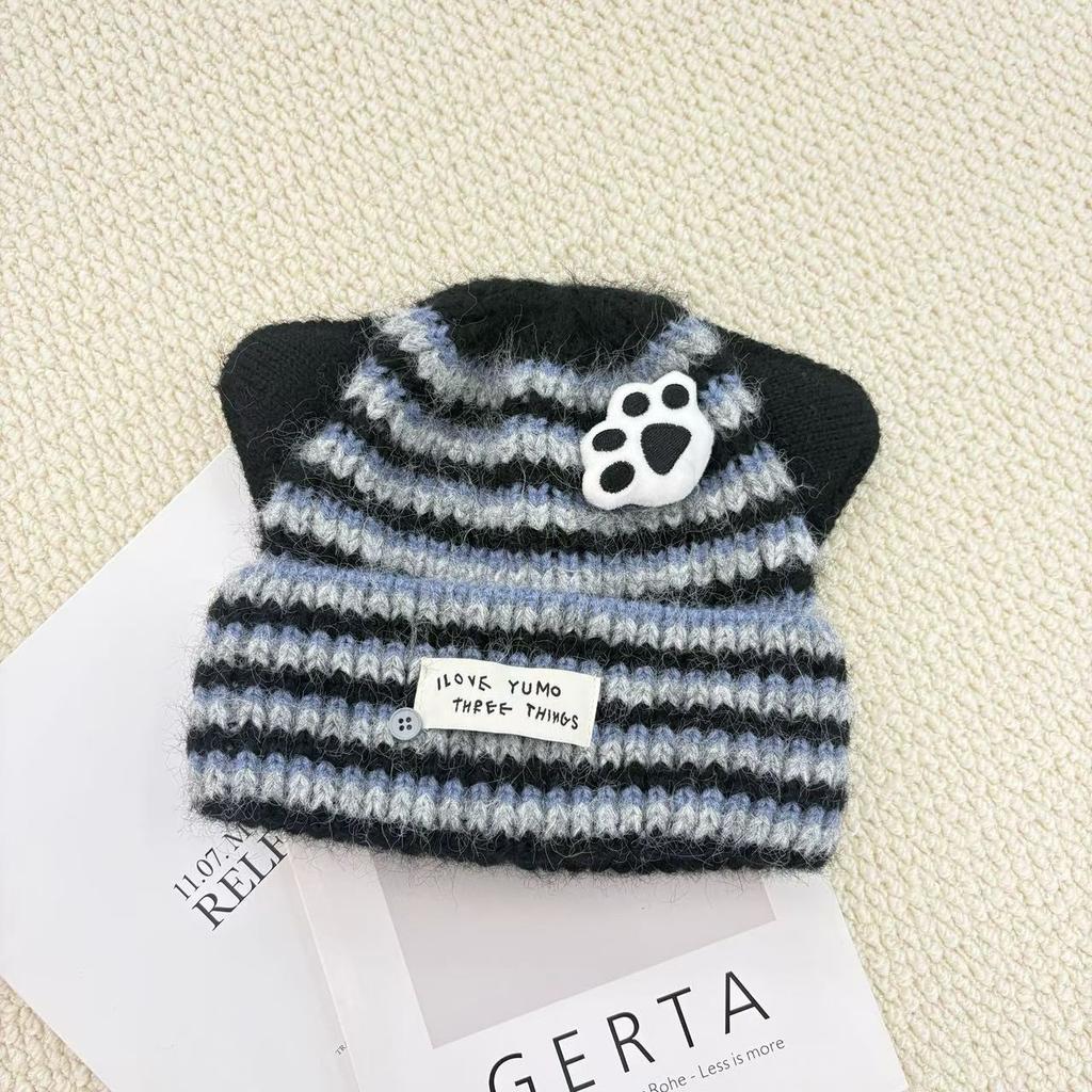 Cute cat paw striped knitted ear hat women's autumn and winter versatile face small wool hat pullover new