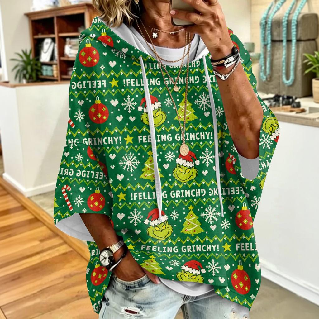 Damen Weihnachtspullover mit Grafikdruck, Kapuze und lockerem Schnitt