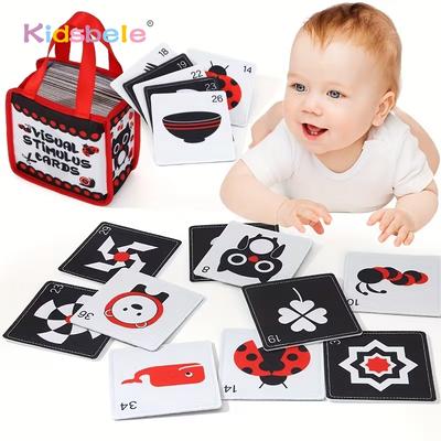 Montessori High-Contrast Visual Stimulus Cards Set Black & White & Vivid Pattern Shiny Cards With Portable Bag Newborn Present Set