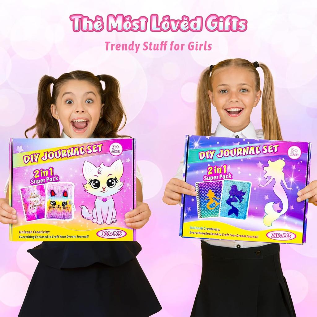 2-Pack DIY Journal Kit for Girls Ages 8-12 13 14 Year Olds, Birthday Gifts for Teen Girls, 110pcs Cute Scrapbook Supplies Stationary, Journaling Art
