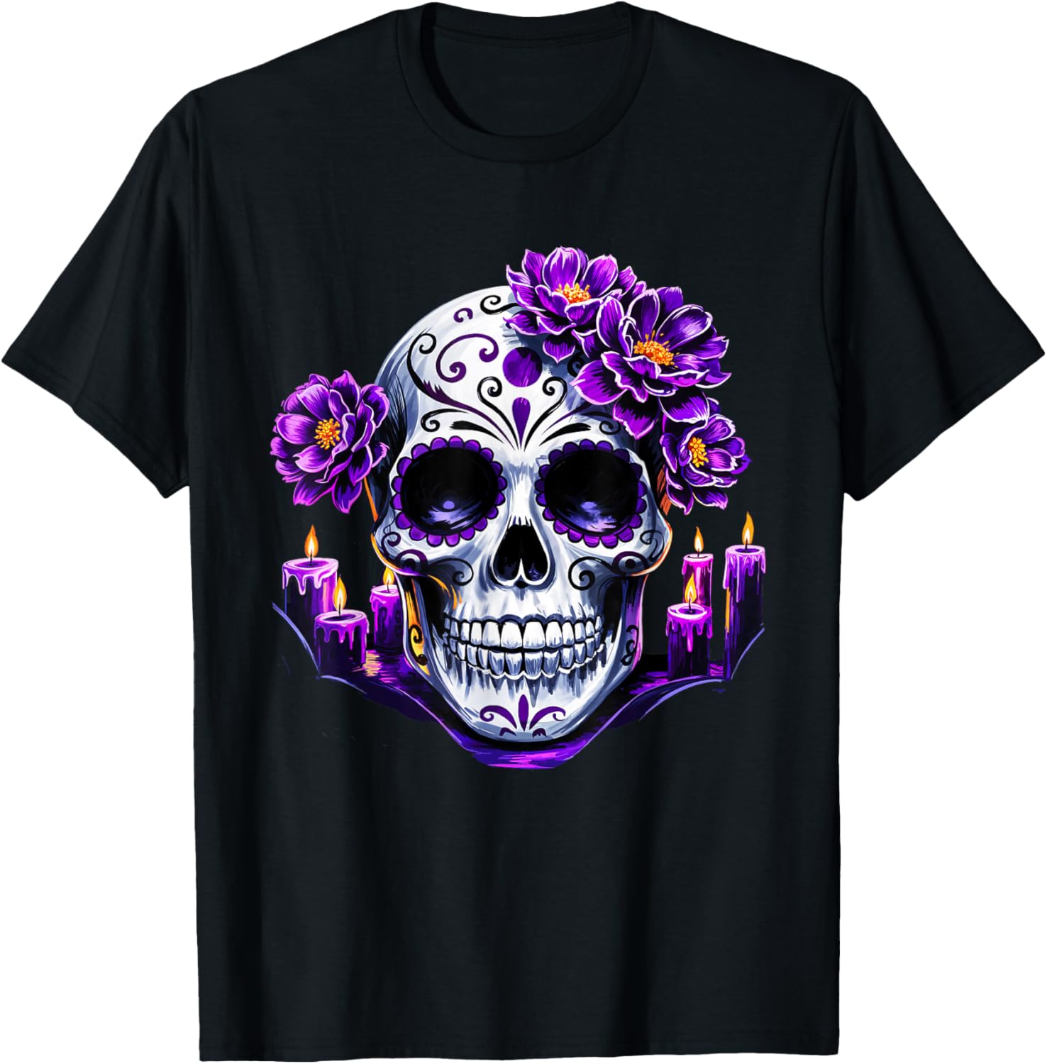 Purple Floral Black Sugar Skull Day of The Dead Mexican Pray T-Shirt XL