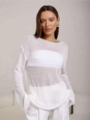 European & American Bell Sleeve See-through Knit T-shirt, 2025 Spring/Summer Women's Fashion, Hollow-out Round Neck Design.