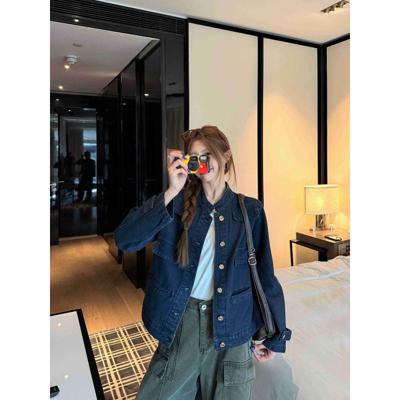 

Kumikumi Элегантная Новинка Джинсовая Куртка с Лацканами и Длинными Рукавами Верхняя Одежда Женская Осень Легче всего сочетать Стройнящая Однобортная Верхняя Одежда Image color L