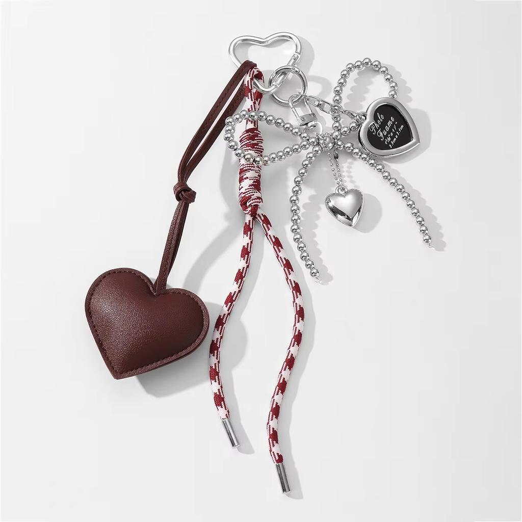 Leather Heart Bow Keychain Delicate Beaded Keyring Car Key Holder Bag Pendant Decoration For Girls Gift