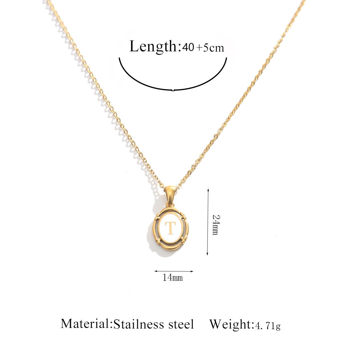 European Style Colorfast Stainless Steel Initial Necklace with Oval White Drip Oil Pendant - Versatile Clavicle Chain