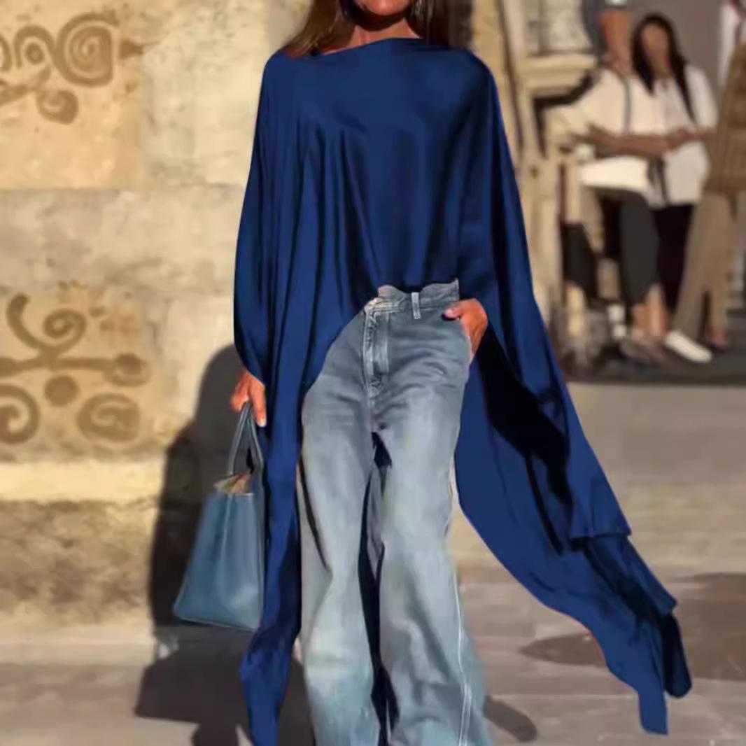 

2024 Женский однотонный модный топ с неровным подолом, свободного кроя, с длинными рукавами Large синий