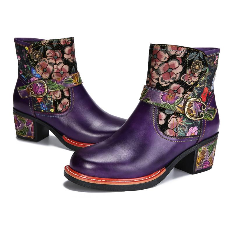 Johnature Vintage Floral High Heeled Women's Boots Genuine Leather Shoes Hand-painted Belt Buckle Fashion Short Boots