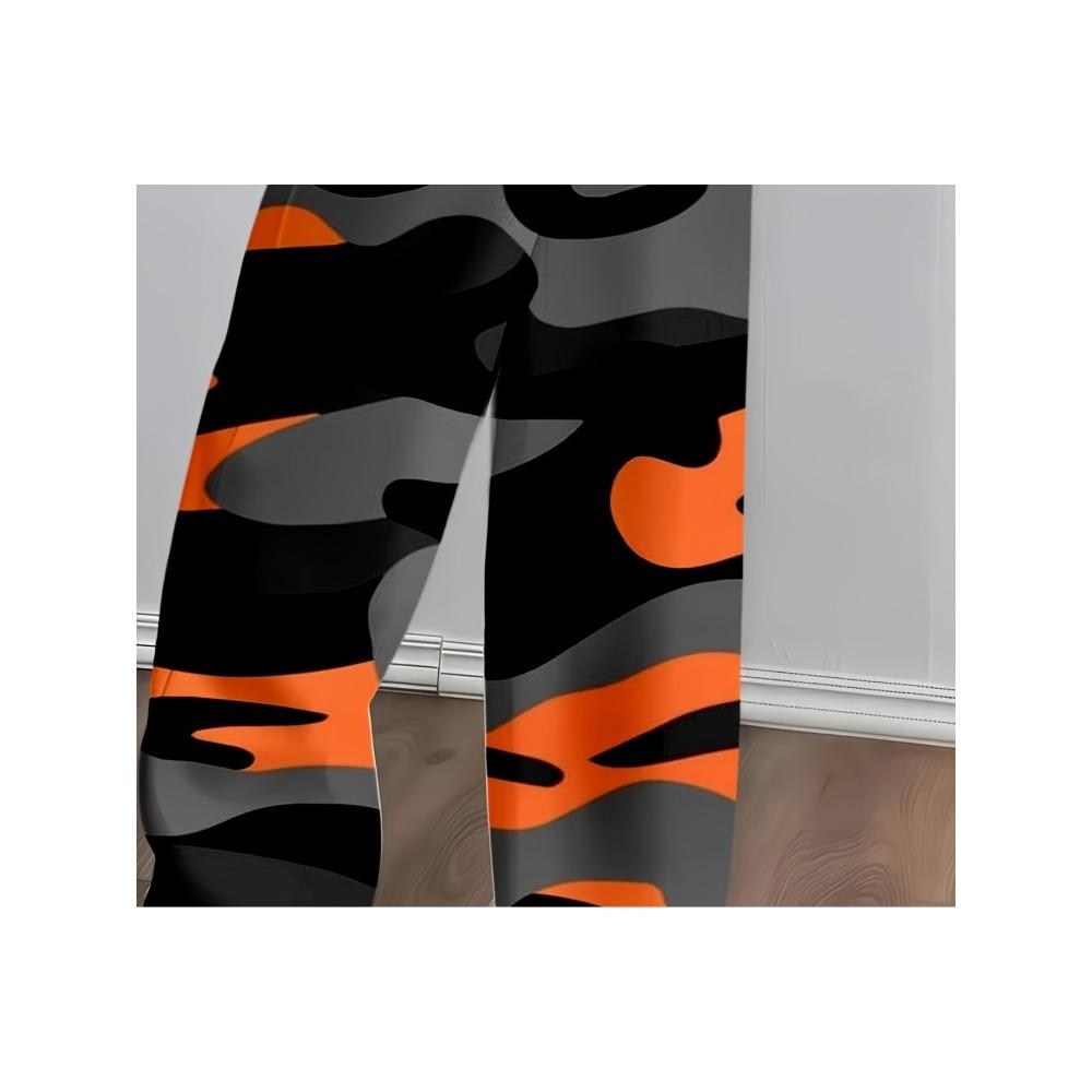 Women's orange black tiger camouflage wide-leg pants, drawstring loose trousers, American retro fashion straight casual trousers
