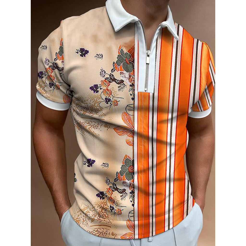 Männer Sommer Kurzarm Shirts Gestreiften Print Zipper Revers Kragen T Shirt Mode Patchwork Männer Tops