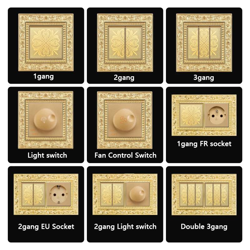 Luxury Vintage Push Button Switch 1/2/3/Gang 2Way,EU France Standard Copper Wall socket,Universal Light Home Switch Power Outlet
