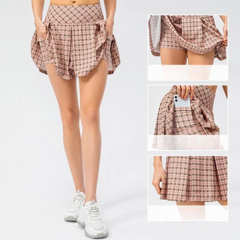 Women's Plaid Sports Skirt Pleated Skirt Outdoor Running Dance Anti-exposure Double-Layer Skirt Pants Yoga Tennis Skirt