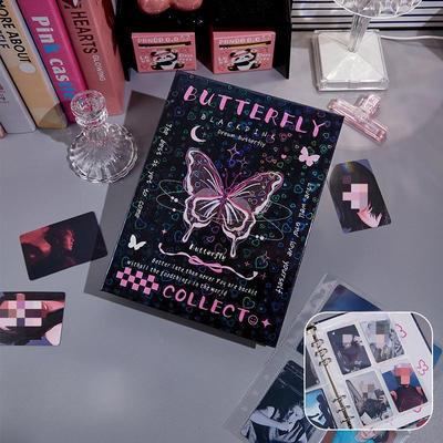 Y2K American Retro Pink Black Butterfly Card Album Aesthetic Laser Cover Girl Kpop 3-inch Photocard Collect Book 80pcs Card Slot