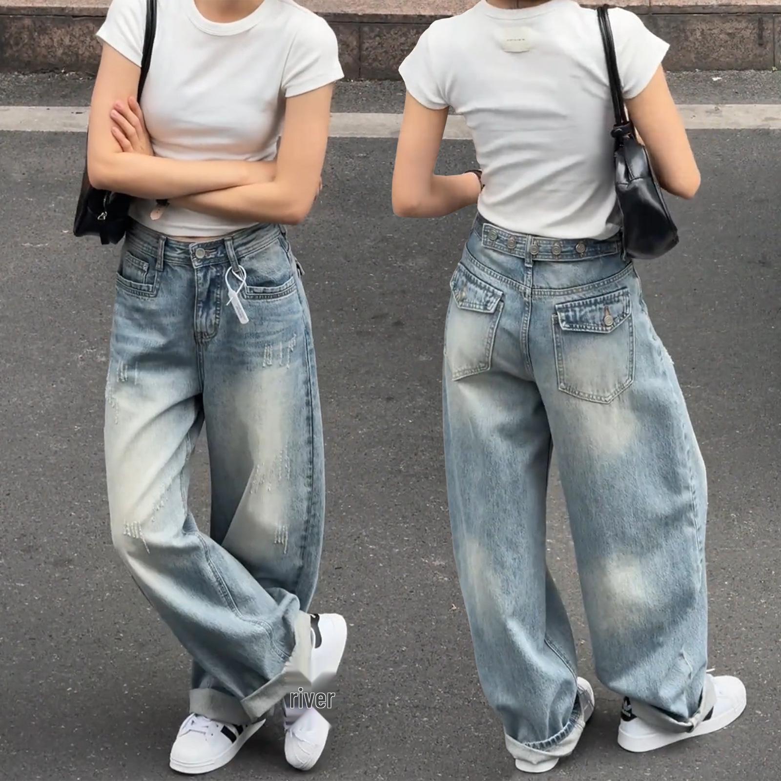 Scimitar Wide-Leg High-Waisted Jeans for Women - Spring 2026 Plus Size American High Street Style S синий