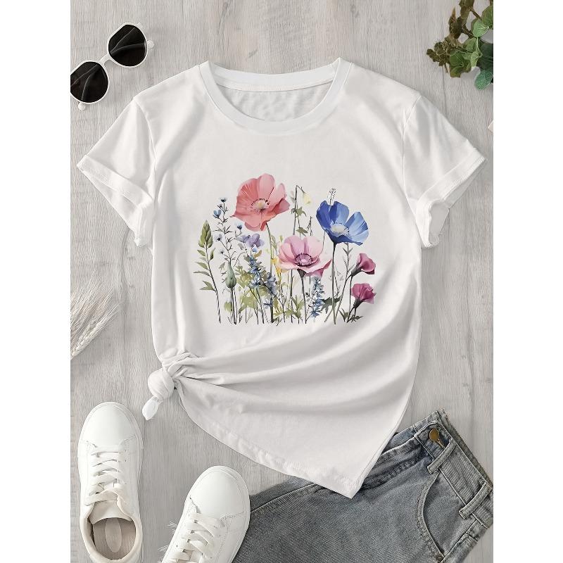 European sizes 100% Short Sleeve Blouse Top - Soft Breathable Round Neck Shirt with Hand-Painted Multicolor Floral Suitable for Casual Wear