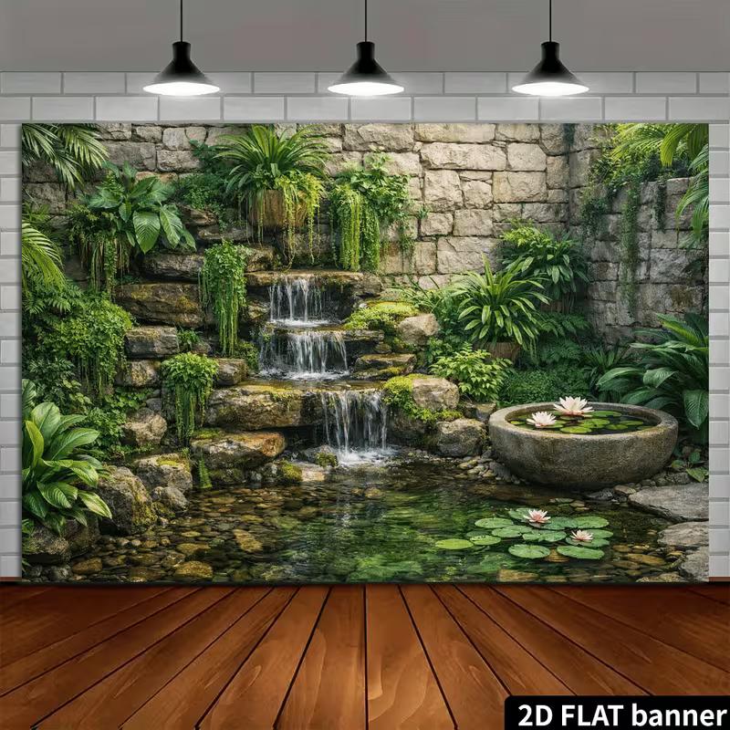Sfondo Fotografico Banner Cascata Serena Stagno Muro di Pietra Vegetazione 2D