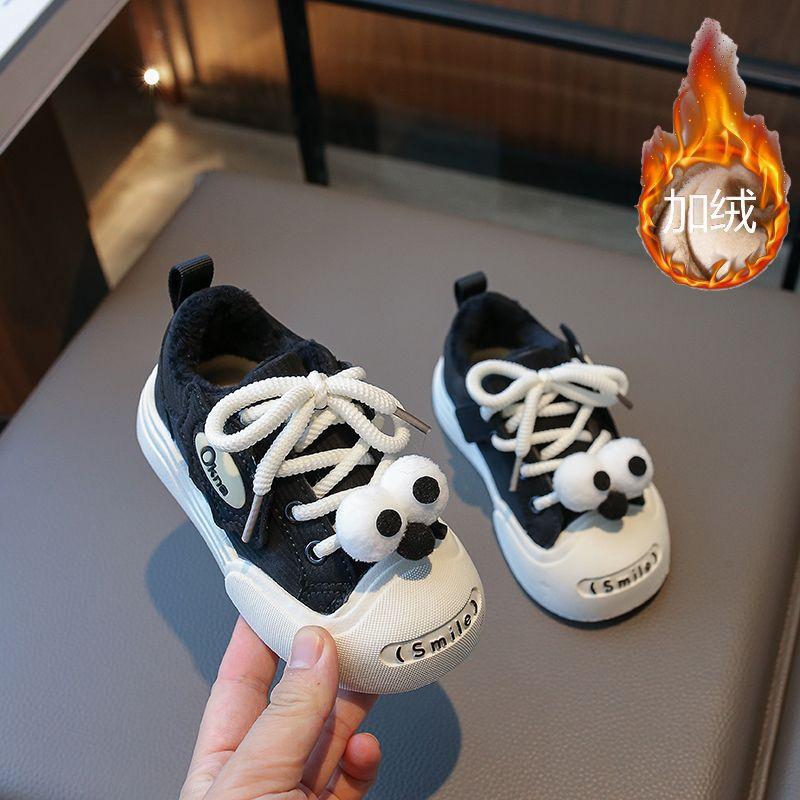 Kids Cute Cartoon Eyes Fleece Lined Slip On Casual Sneakers 22 чёрный