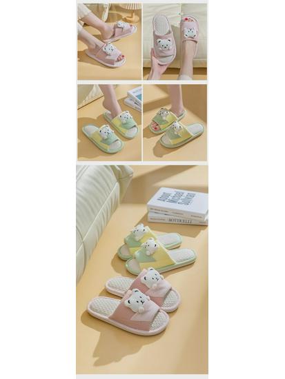 Women's Cartoon Bear Open-Toe Linen Slippers - Cozy Indoor Footwear for All Seasons