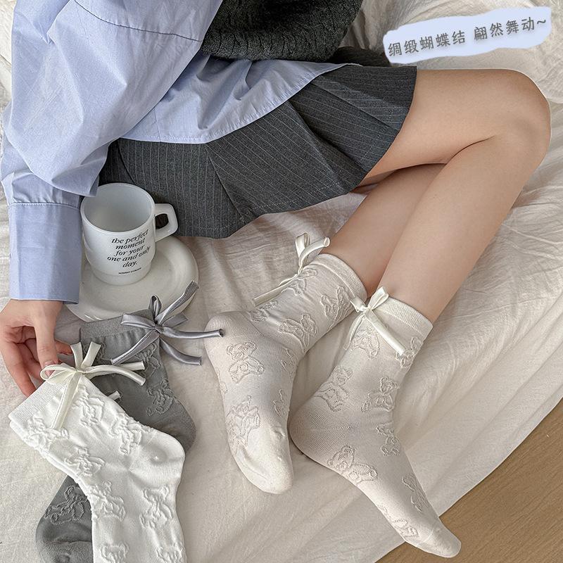 1 Pair Japanese Grey Bow 3D Bear Calf Socks Kawaii Vintage Seamless Pile Loose Socks for Girl Spring Summer Thin Casual Socks