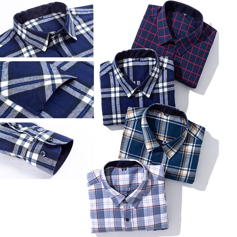 New 100% Cotton Brushed Long Sleeved Shirts for Men Slim Fit Formal Soft Plaid Casual Blouses Business Designer Checked Clothes