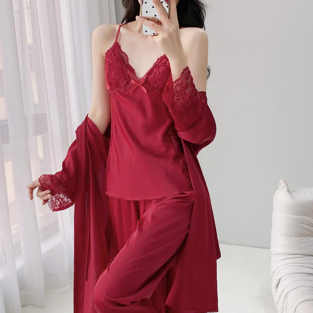Light luxury lace splicing ice silk loungewear three-piece set, self-contained chest pad suspender nightgown nightgown trousers set