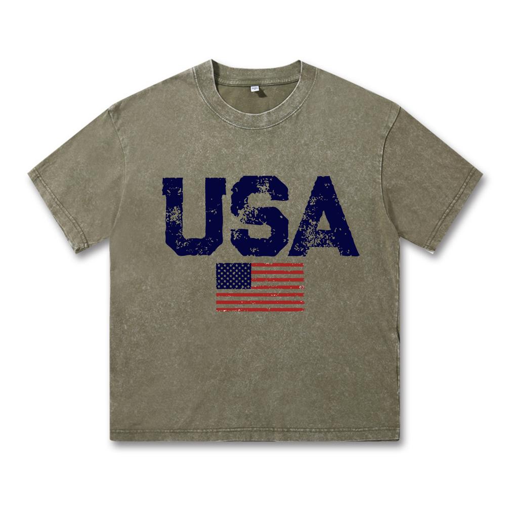 Usa Letters American Flag Stars And Stripes Mens Clothing Loose T-shirt Autumn Pullover T-shirt Retro Washed Vintage T-shirt