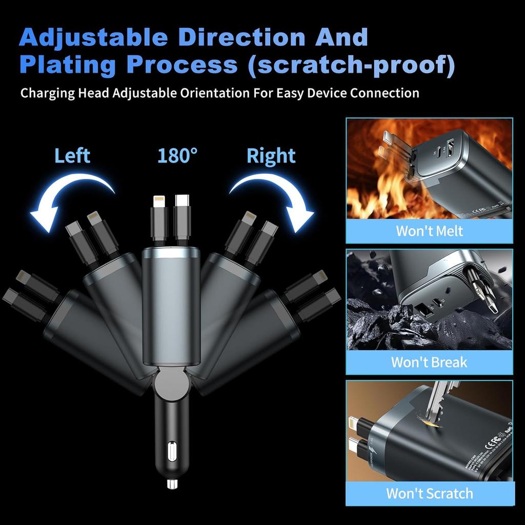 Wysuwana Ładowarka Samochodowa 84W Ładowarka Samochodowa USB C 4 w 1, Akcesoria Samochodowe Adapter Szybkiego Ładowania Samochodowego dla iPhone 17 16 15 14 13 12 Pro Max, Samsung