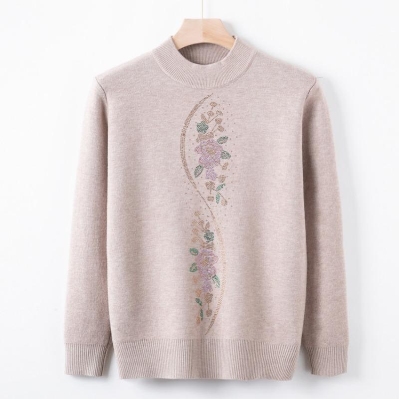 Medium and Elderly Women's Clothing Autumn and Winter Fleece Thickened Integrated Fleece Knitted Crew Neck Top Mother Clothing Warm Wool Clothes