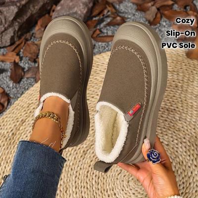 Botas de Inverno Slip-On Femininas - Sapatos Marrons Quentes com Palmilha Acolchoada e Sola de PVC Antiderrapante - Calçado Aconchegante para Interior/Exterior para Clima Frio - Fácil