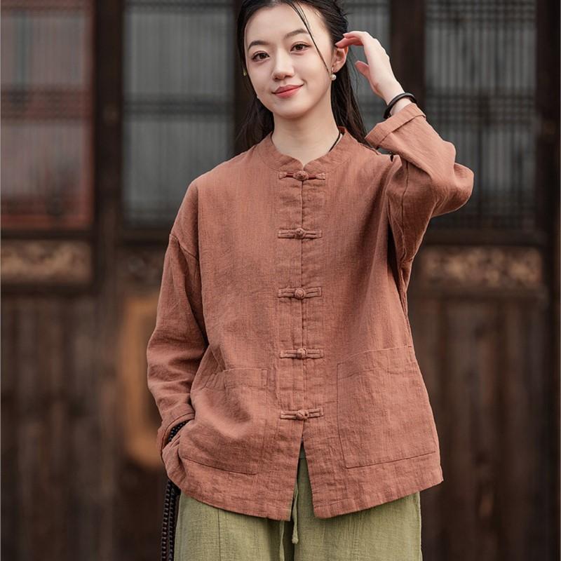 

Johnature Women Vintage Stand Shirts Solid Color Long Sleeve Tops Spring Button Pockets Loose Women Shirts One Size