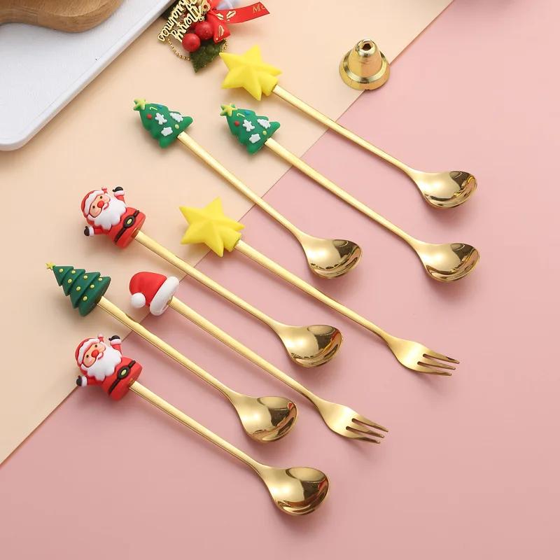 1/2/4/6 pièces ensembles cadeaux de poupée de dessin animé de Noël fantaisie vaisselle de Noël en acier inoxydable ensemble cuillère à café et fourchette avec boîte cadeau