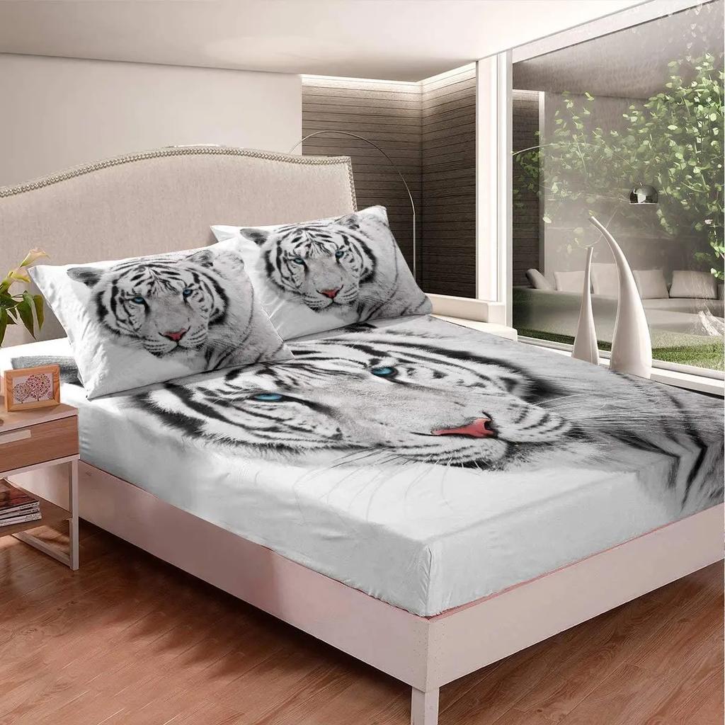 White Tiger Fitted Sheet Queen Size Flowers and Tiger Print Bedding Set for Teens Children Gift Wildlife Animal Floral Theme