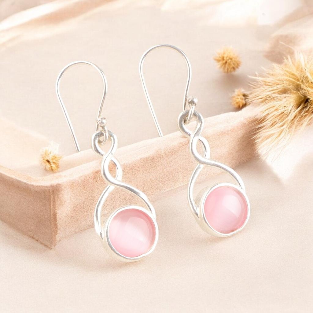 Natural Pink Cat's Eye Gemstone 925 Sterling Silver Handmade Designer Earrings CE-15-40