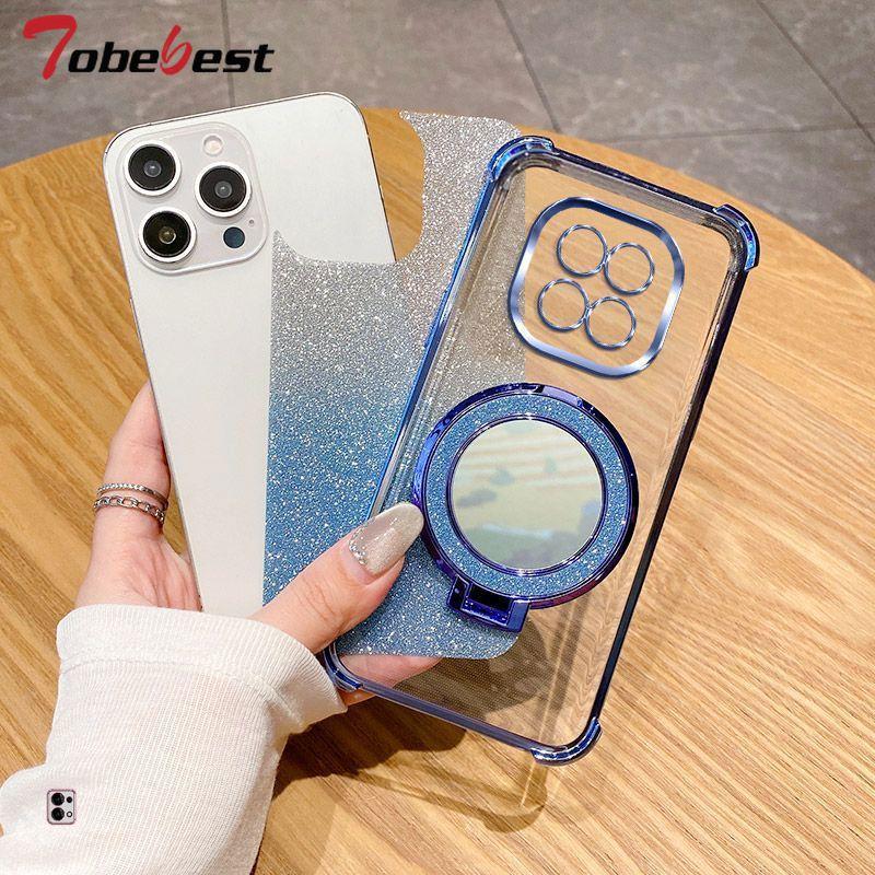 Glitzer Stoßfestes Silikonhülle Für Xiaomi Redmi 15C 15 4G 5G Spiegel Magnetischer Halter Ständer Weiche Hülle