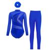 Girls Mesh Long Sleeve Cutout Back Leotard Sparkly Rhinestone Figure Skating Leggings Headband Set