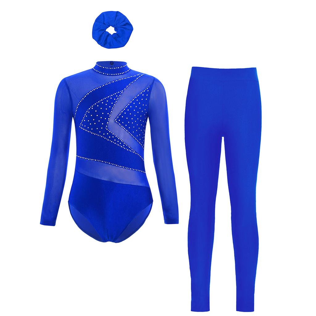 Girls Mesh Long Sleeve Cutout Back Leotard Sparkly Rhinestone Figure Skating Leggings Headband Set