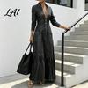 Loose Fit Summer Dress Women Button Down Maxi Denim Dress Long Sleeve Lapel V Elegant Casual Neck Flowy A-line Jean with Pockets Solid Color