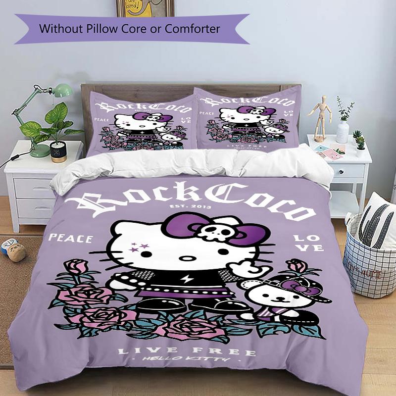 Rock Coco Hello Kitty Print 3Pcs Bedding Setduvet Cover With 2 Bedropillowcase Home Birthday Gift