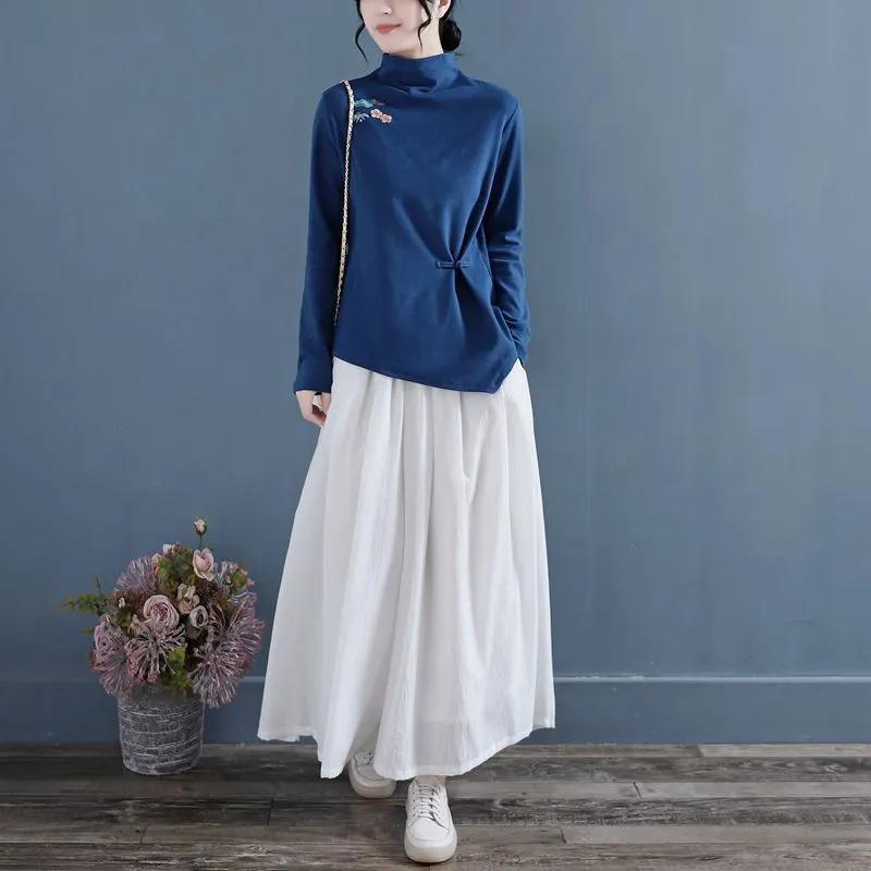 Half-high Collar Thin Velvet Bottoming Shirt Women's Retro Embroidery Autumn and Winter Chinese Style Waist Buckle Long-sleeved Top