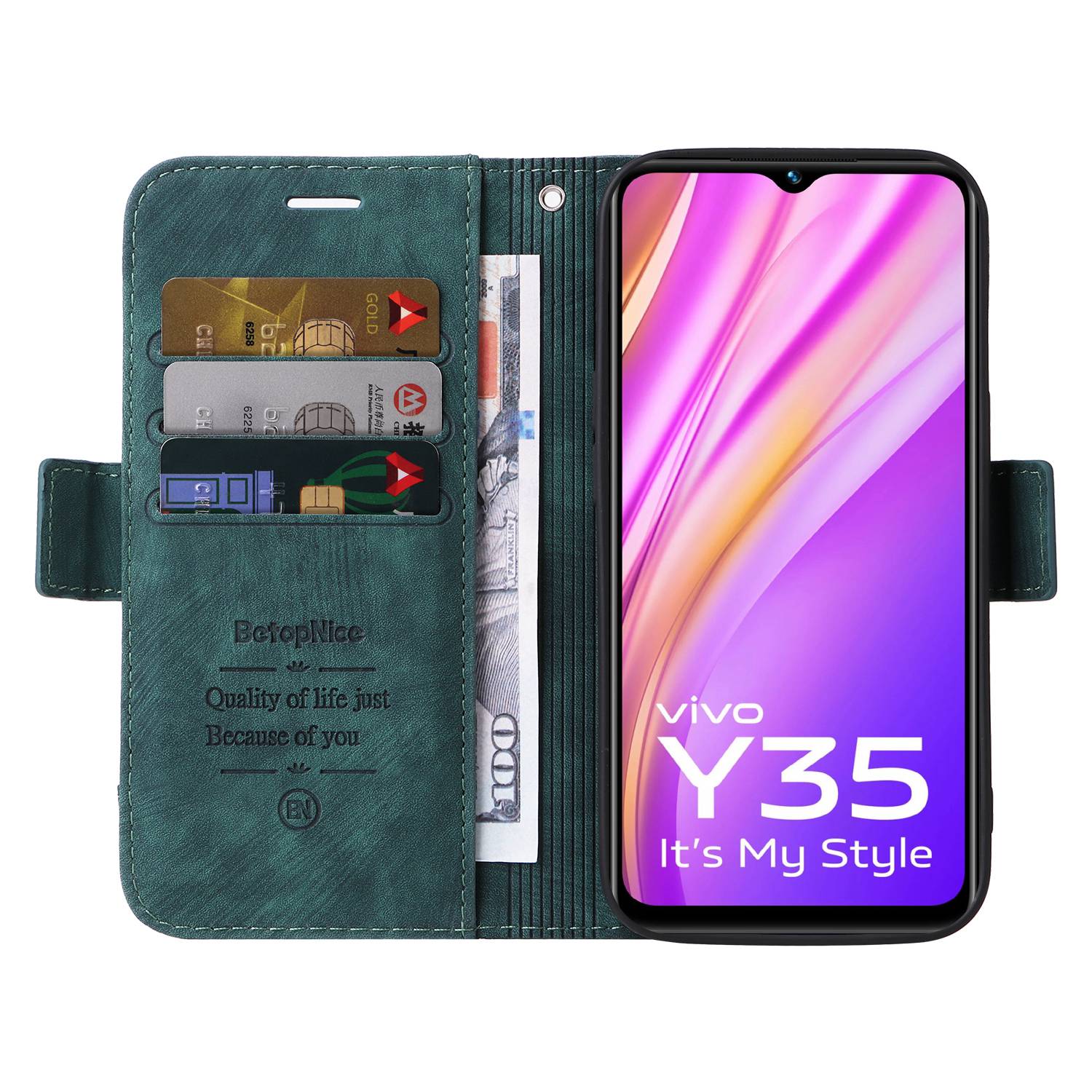 

BETOPNICE 001 For vivo Y35 4G (2022)/Y22 4G/Y22s 4G Imprinted Stitching Line PU Leather Case Phone Stand Wallet Cover with Strap Pink