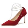 86109 High Heels Women's Thin Heels Spring 2025 New Pointed Red Xiuhe Wedding Shoes Pearl Strap Single Shoes
