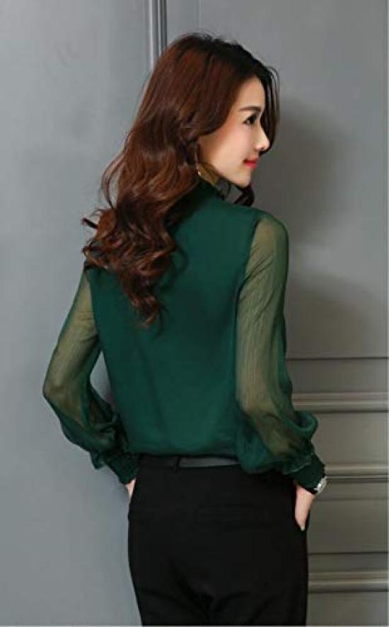 Sheer Long Sleeve Chiffon Ruffle Solid Sizes ORANGECODE Women's Blouse, Color, Formal, M-3XL (Green, XL)