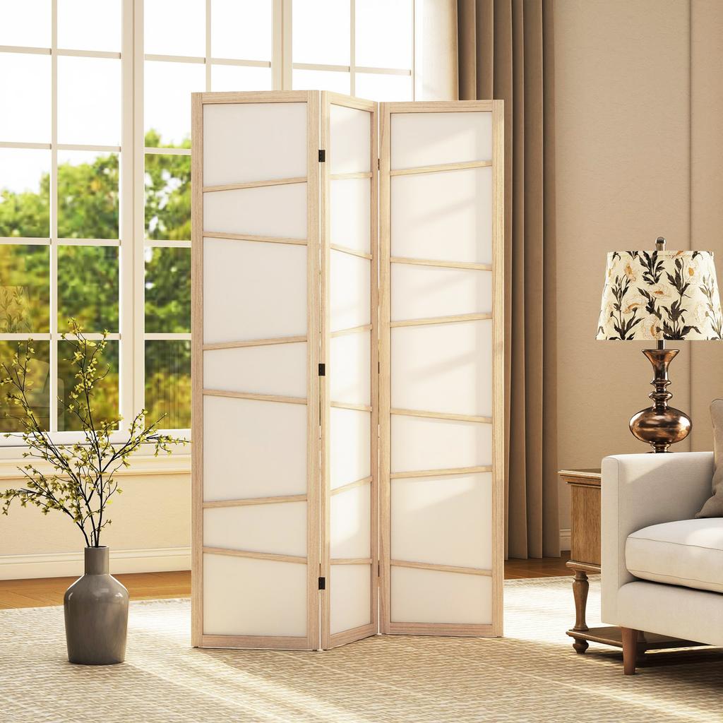 Wooden Folding Privacy Screen 3 Panel Room Divider For Bedroom Natural Wood Finish