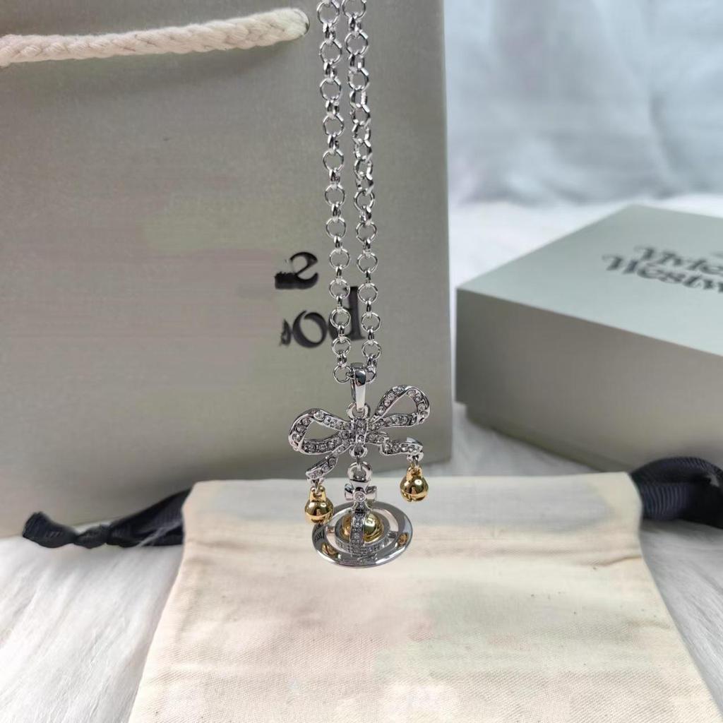 Empress Cixi Planet Pendant & Christmas Bell Bow Brooch Necklace: Luxury Women's Fashion Clavicle Chain