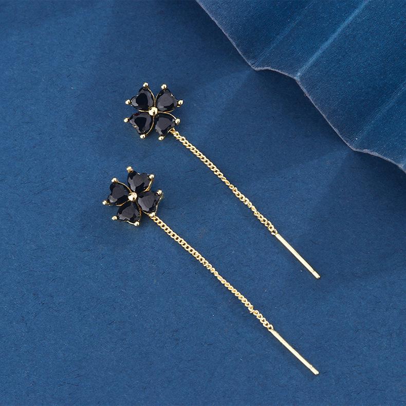 Elegant Four-Leaf Clover Long Zirconia Earrings for Slimming Effect