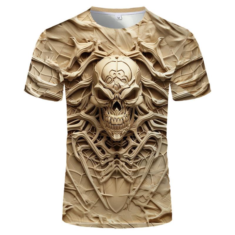3D Skull Skeleton Graphic Short Sleeve T-Shirt, Edgy Casual Tee