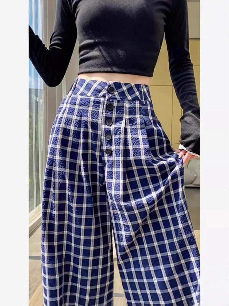 Damen Amerikanisch Blau & Weiß Karierte Hose mit Weitem Bein - Sommer 2025 Locker Geschnitten, Einreihig, Bodenlang