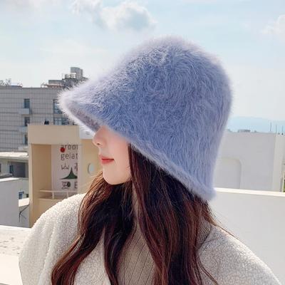 Autumn Winter Women's Cap Japanese Warm Faux Rabbit Hair Bucket Hat Outdoor Travel Fashion Solid Color Round Top Bucket Hats