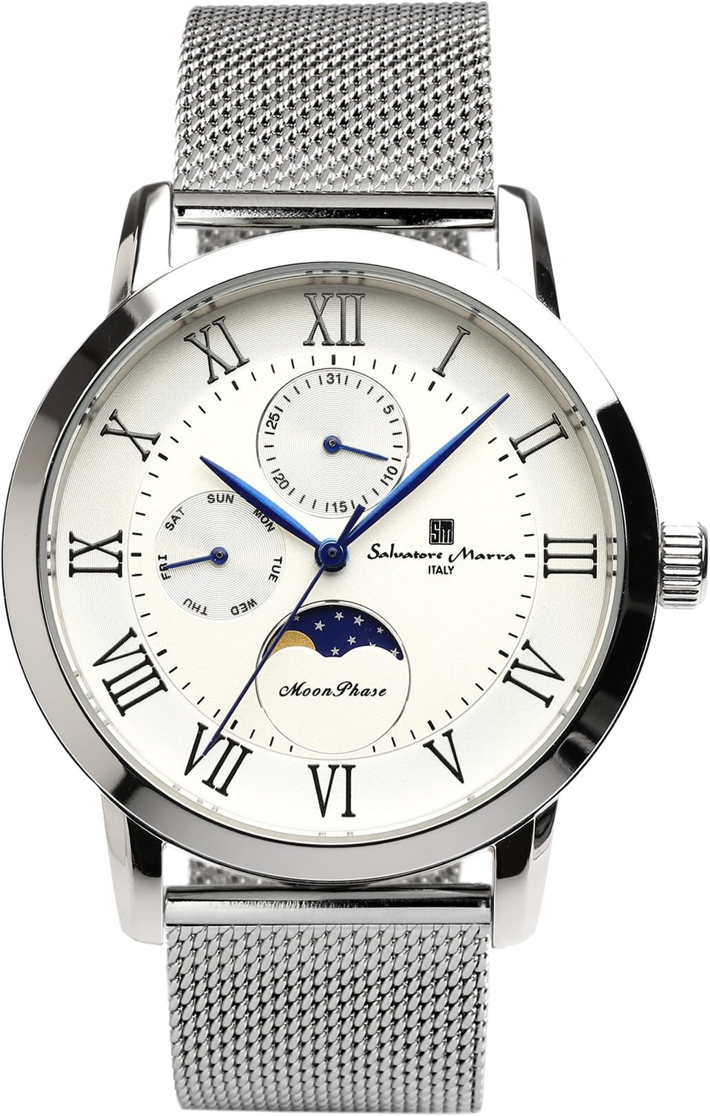 

Salvatore Marra Наручные часы Moon Phase 5 ATM Водонепроницаемые деловые формальные сетчатые часы с ремешком из нержавеющей стали ограниченного выпуска серебристо-белые с несколькими календарями